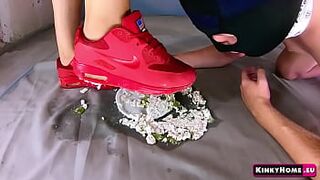 The mistress makes the slave blow food from her sneakers. He orgasm from humiliation.