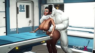 A attractive fresh busty dark has hard anal sex with sex robot in the medbay