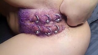 Purple Colored Hairy Pierced Twat Get Anal Fisting Squirt
