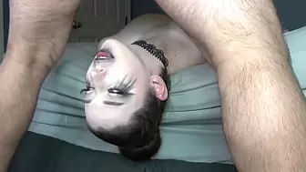 Massive Titty Goth Babe with Sloppy Ruined Makeup & Ebony Lipstick Gets EXTREME Off the Bed Upside Down Facefuck with Balls Deep Slamming Throatpie