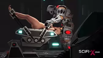 A cute horny bald whore in cuffs gets rammed hard by a sex cyborg in the lab