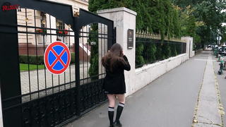 Melody flashes her cunt and breasts on the streets of Budapest while wearing a cute uniform! - DOLLSCULT