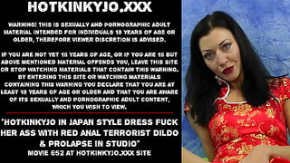 Hotkinkyjo in japan style dress fuck her behind with red anal terrorist dildo & prolapse in studio