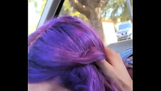 Purple haired youngster licks off a BWC in the car