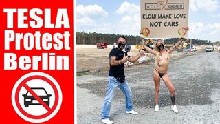 Nude Protest in Front of Tesla Gigafactory Berlin Pornshooting against Elon Musk